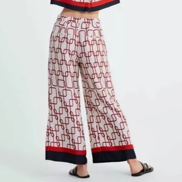 ZARA womens wide leg chain link pants navy red pull on XS - Picture 2 of 8